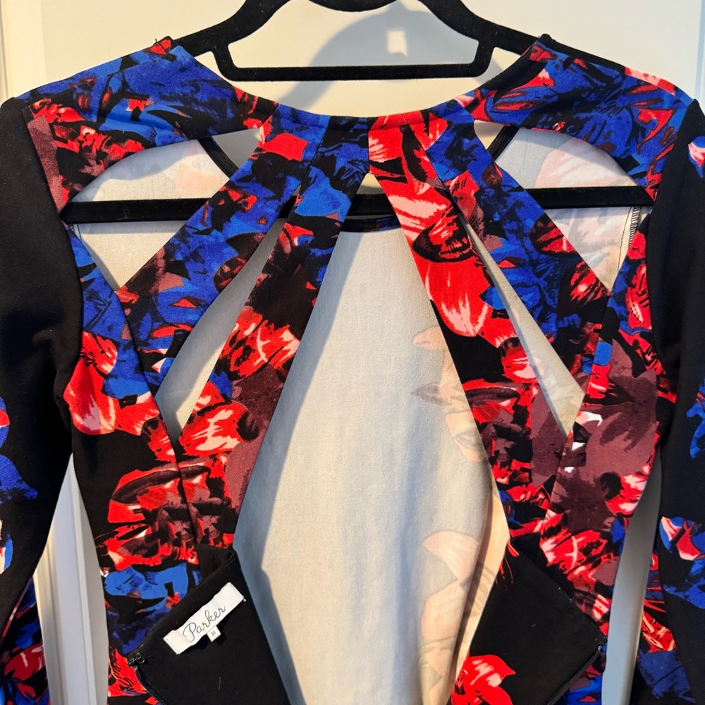 Parker Black & Red Floral Cage-Back Long Sleeve Bodycon Mini Dress | M - Picture 7 of 7